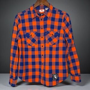 LEVI’S NFL DENVER BRONCOS ORANGE BLUE PLAID FLANNEL SHIRT WOMEN’S LARGE